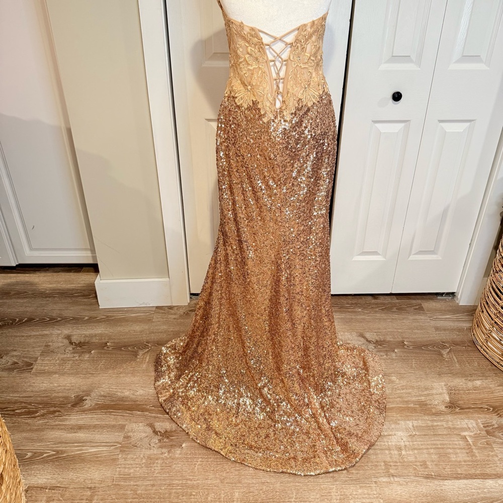 Colette by Daphne, Gold Lace and Sequence with Shear Bodice/ High Slit, Size  10 - Picture 13 of 17